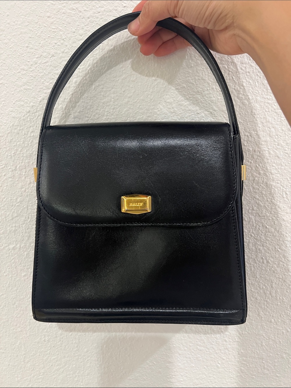 Vintage Bally Black Leather Top-Handle Bag with Gold Hardware